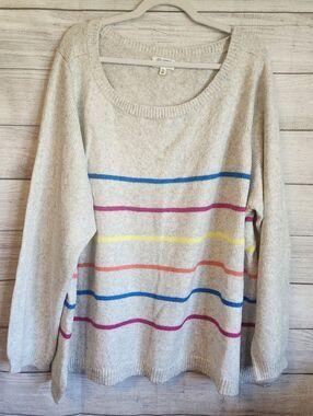 Candace Cameron Bure 4X Cozy Stripe Sweater Soft Neutral Casual Chic
